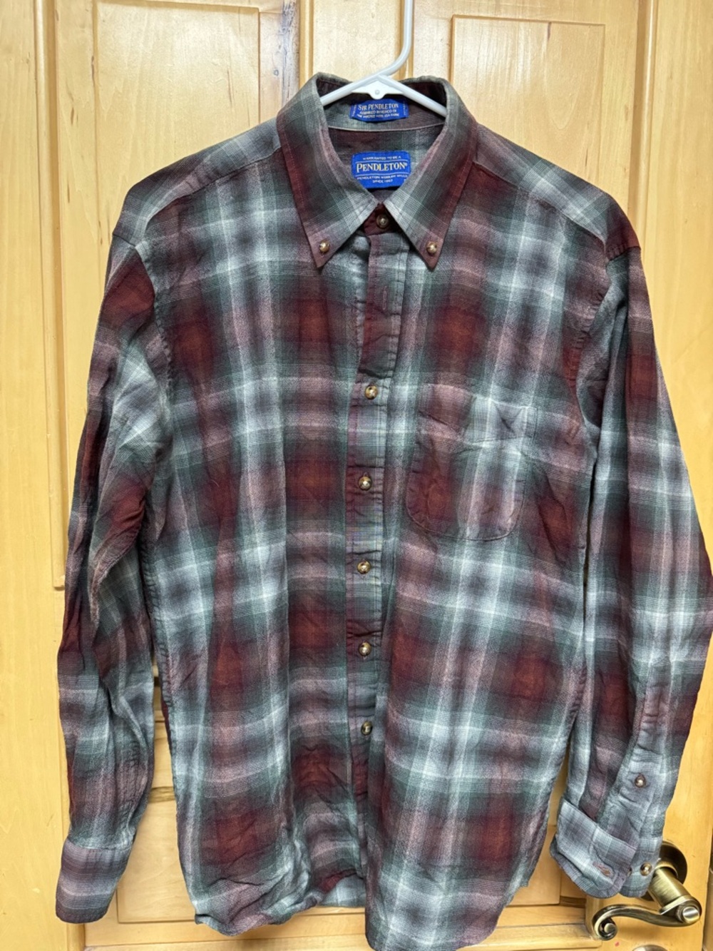 Vintage Pendleton Men's Burgundy, Green,Gray Plaid Long-Sleeve Button-Down Shirt